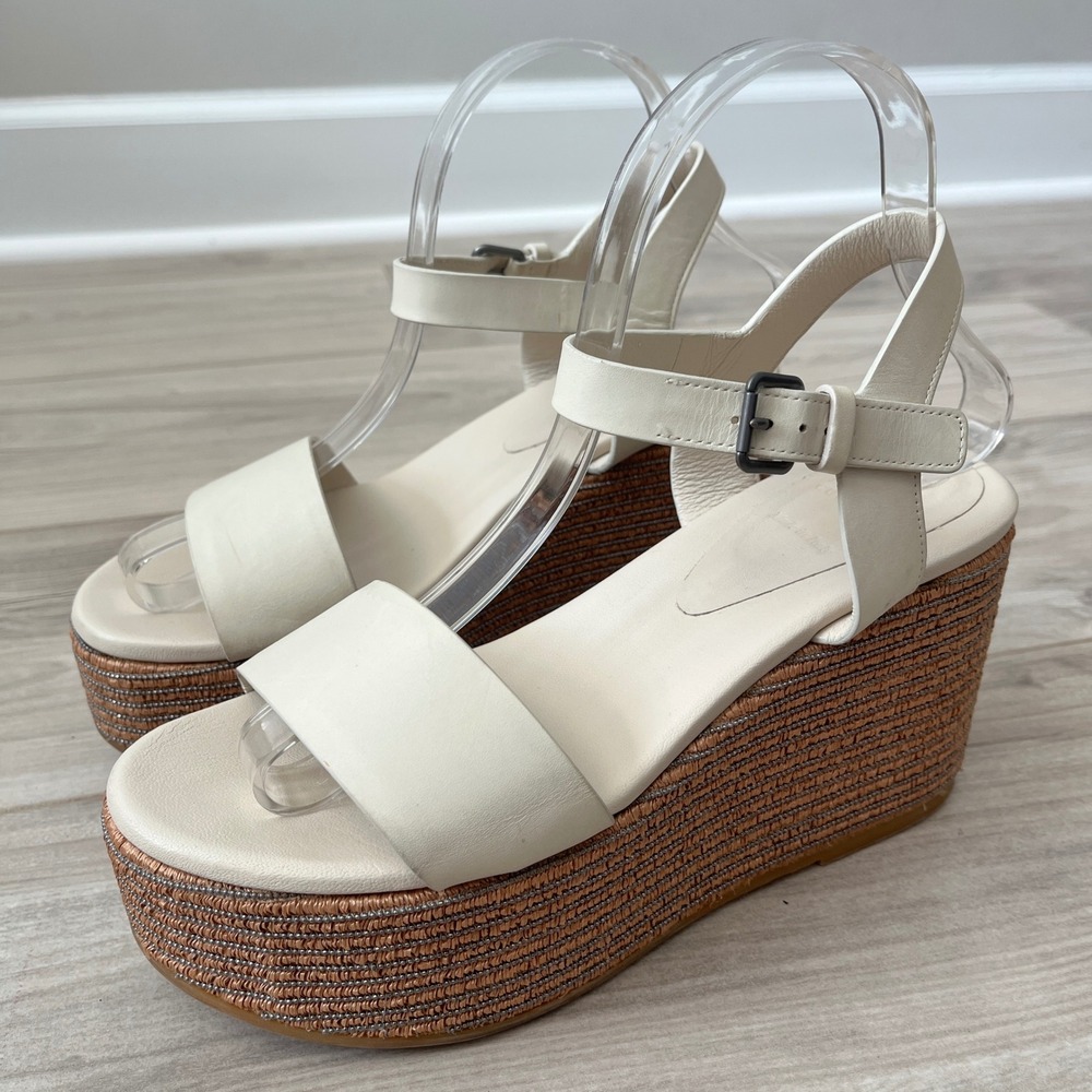 Brunello Cucinelli Monili Trim Wedge Sandals Cream 37.5 Metallic Platform